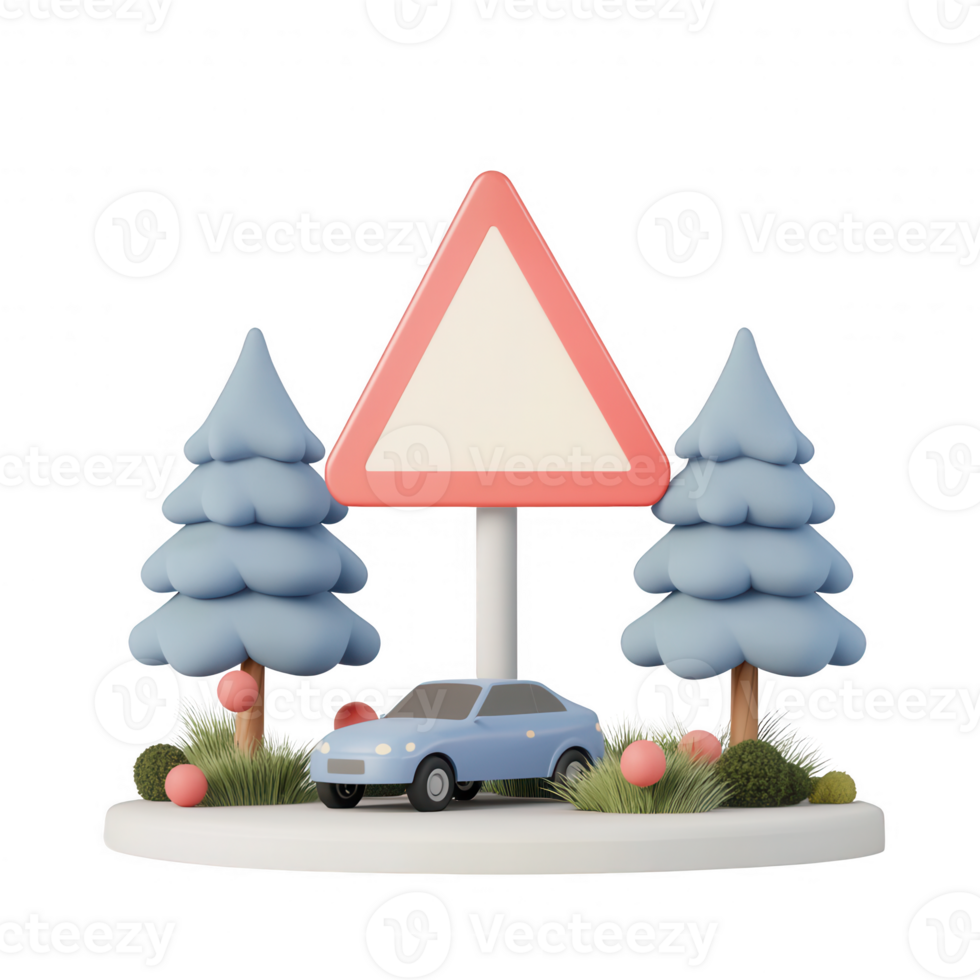 3D illustration of a car near a warning sign, surrounded by stylized trees and plants. png