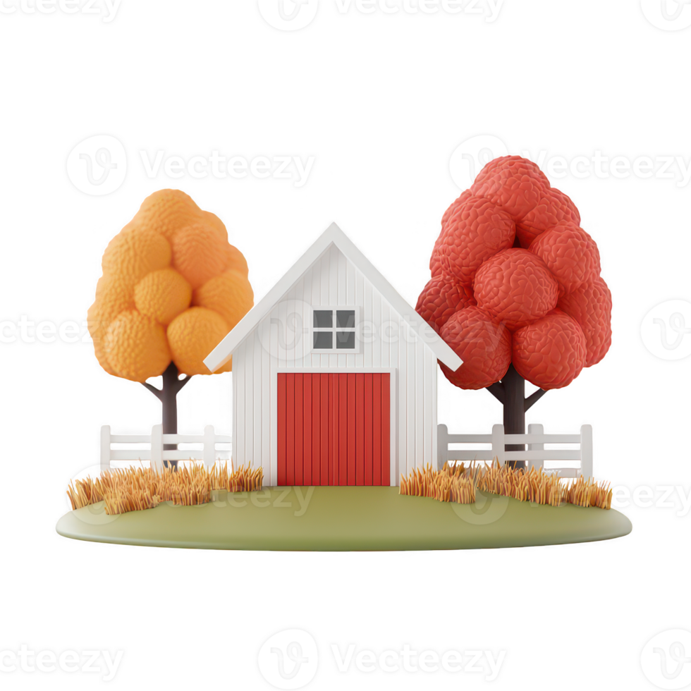 A charming white house with a red door, surrounded by autumn trees and a wooden fence. png