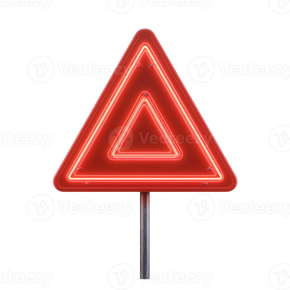 A glowing red warning sign illuminated in neon lights, signaling caution on the road. png