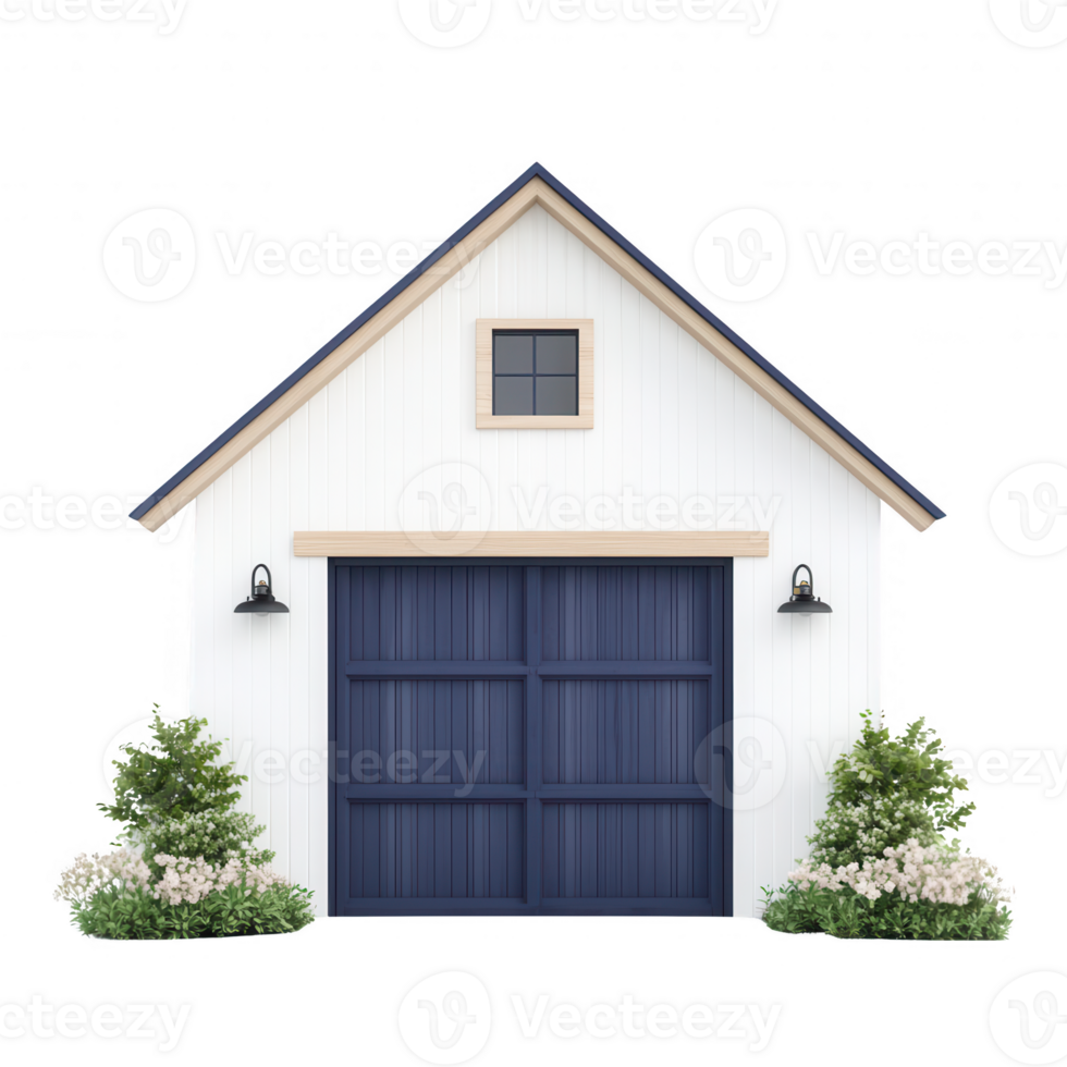 A modern garage with a stylish design and landscaped surroundings. png