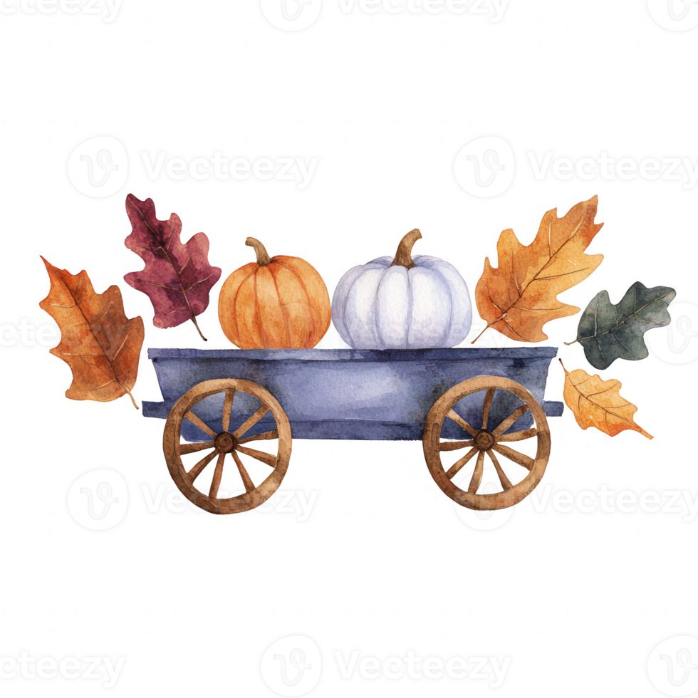 A quaint wagon filled with colorful pumpkins and autumn leaves, perfect for fall decor. png