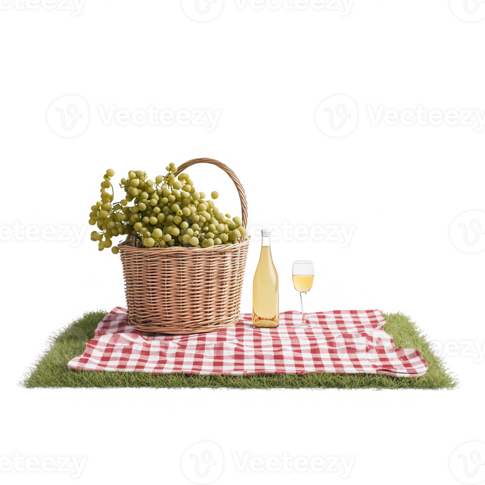 A delightful picnic scene featuring grapes, wine, and a cheerful checkered blanket. png