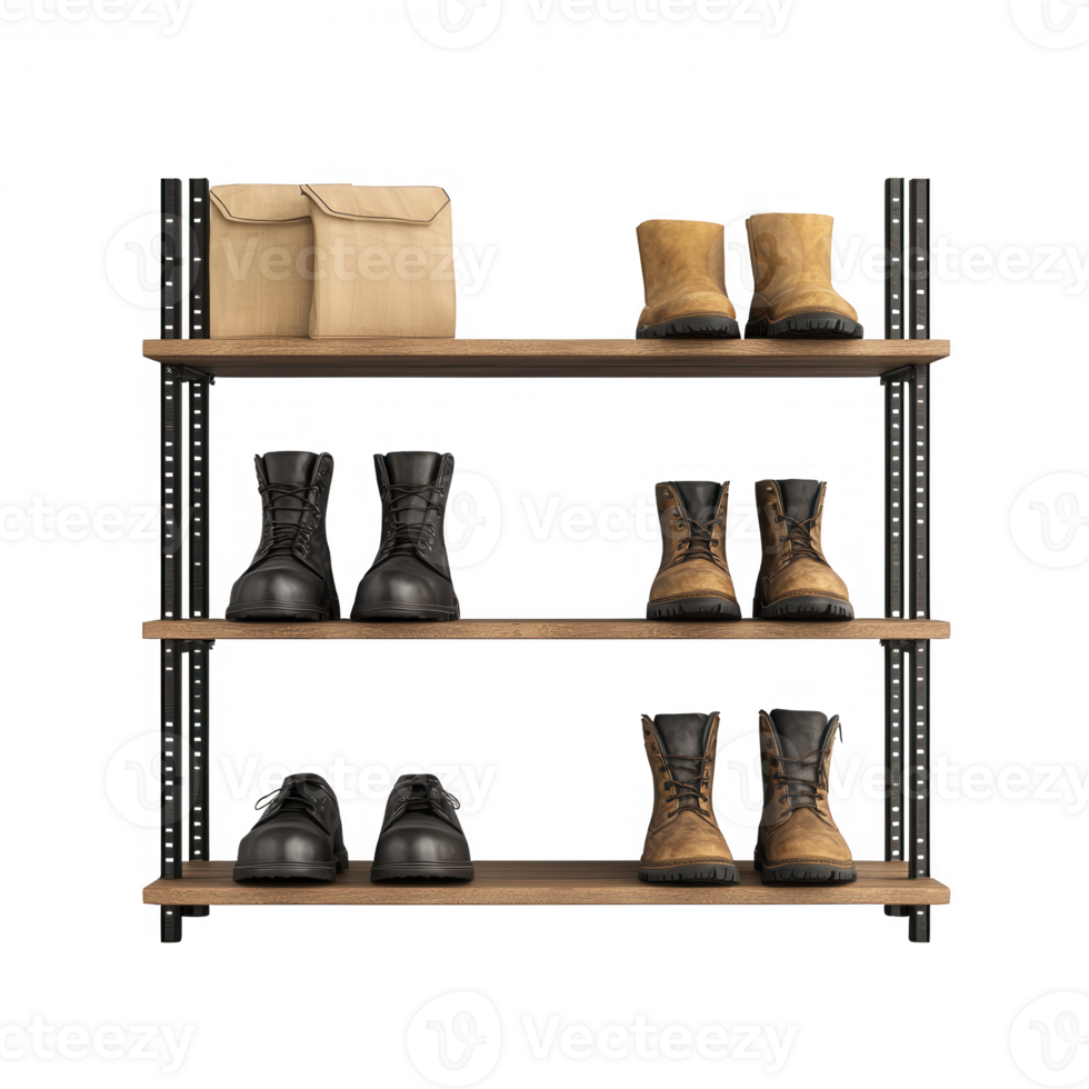 A stylish display of various boots organized on a wooden shelf for footwear storage. png