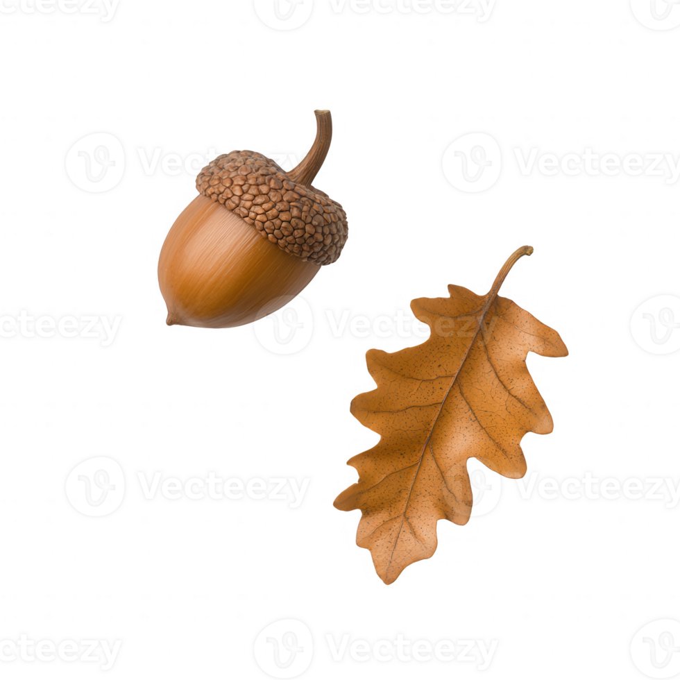 An acorn and a dried oak leaf showcasing natural autumn textures and colors. png
