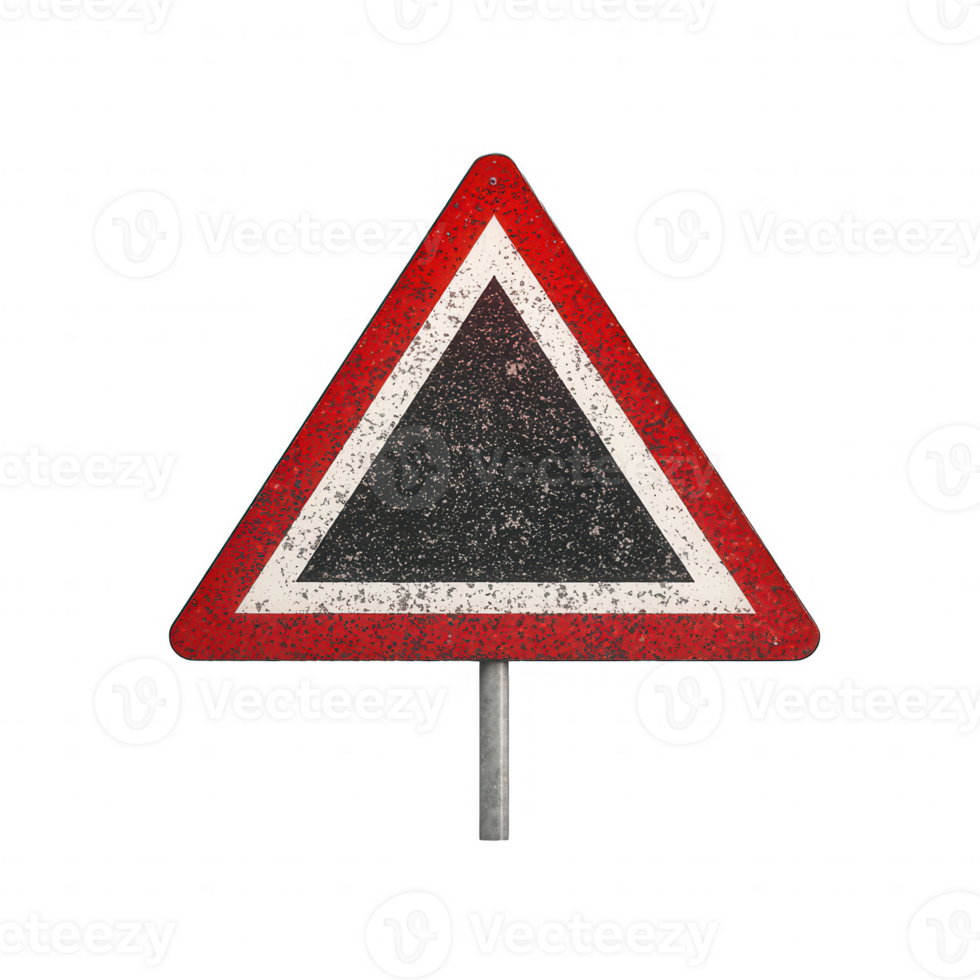 A vintage traffic warning sign with a triangular shape and weathered appearance. png