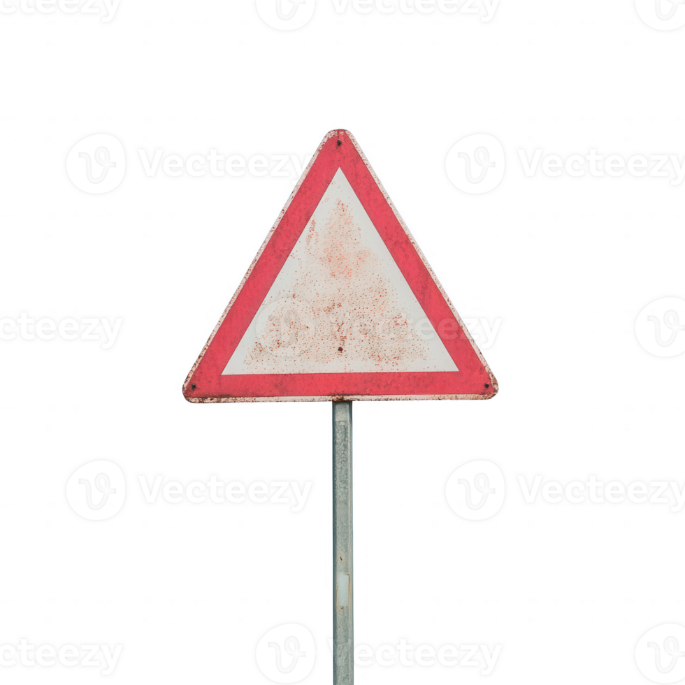 A weathered triangular warning sign indicating caution on the road. png
