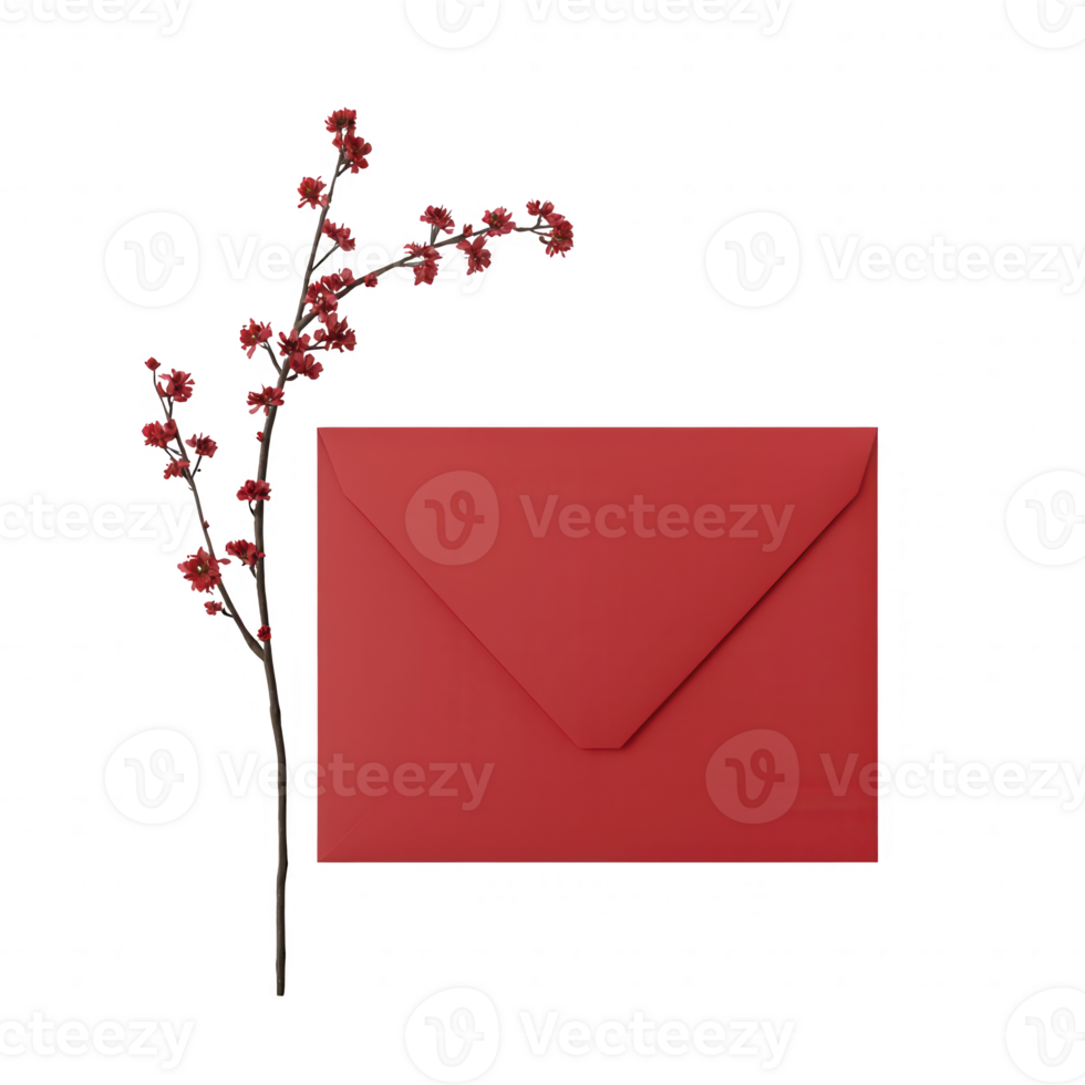 A vibrant red envelope accompanied by delicate floral accents, perfect for invitations. png