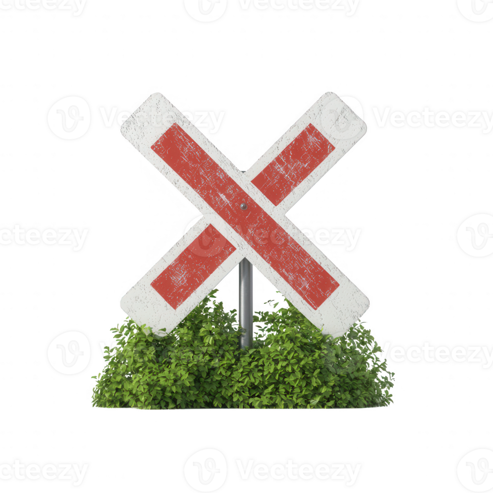 A weathered railroad crossing sign amidst green grass. png