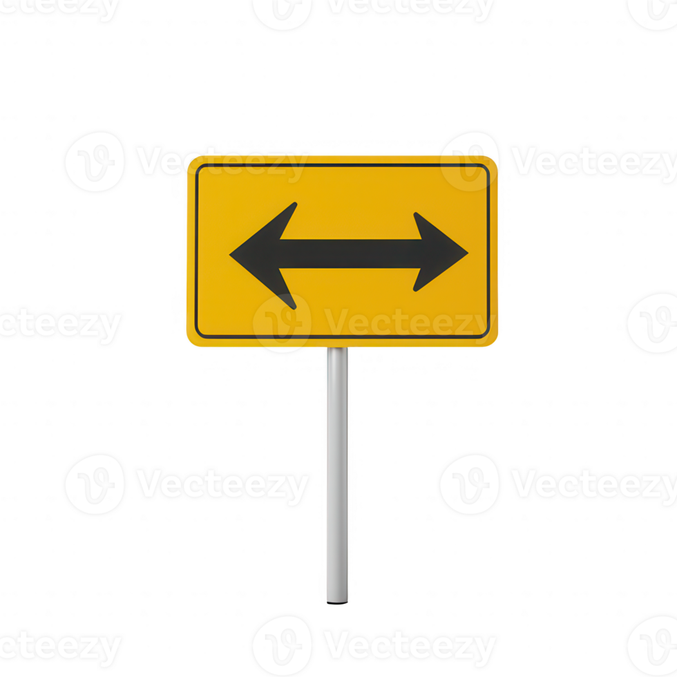 A yellow directional sign indicating options for left or right turns. png