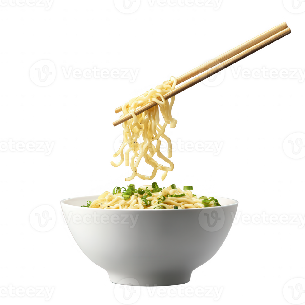 Delicious noodles being lifted from a bowl with chopsticks for a tasty meal. png