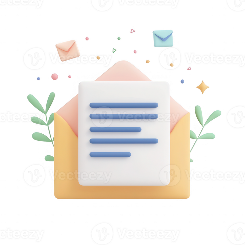 Colorful illustration of an envelope with a letter and decorative elements. png
