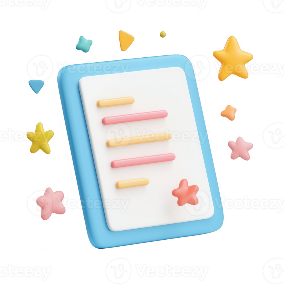 Colorful graphic of a notepad surrounded by playful stars and shapes. png