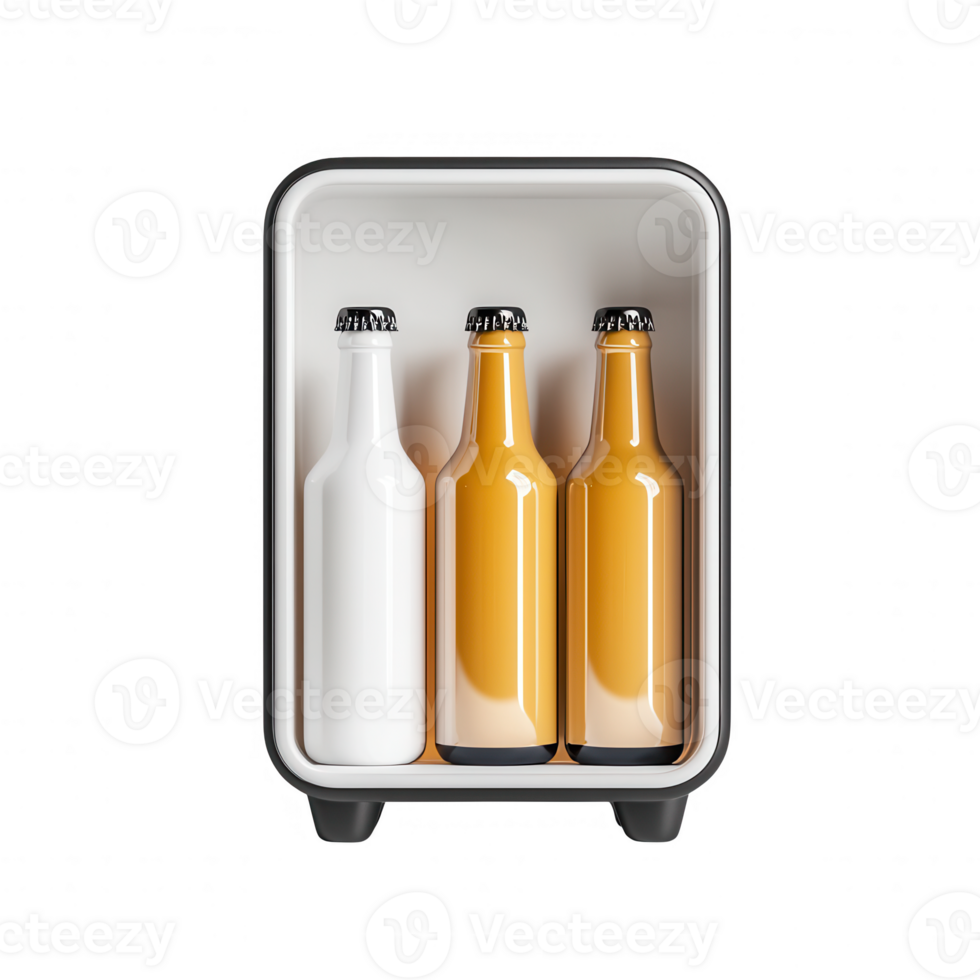 Four stylish bottles in a modern fridge, perfect for refreshment and taste. png
