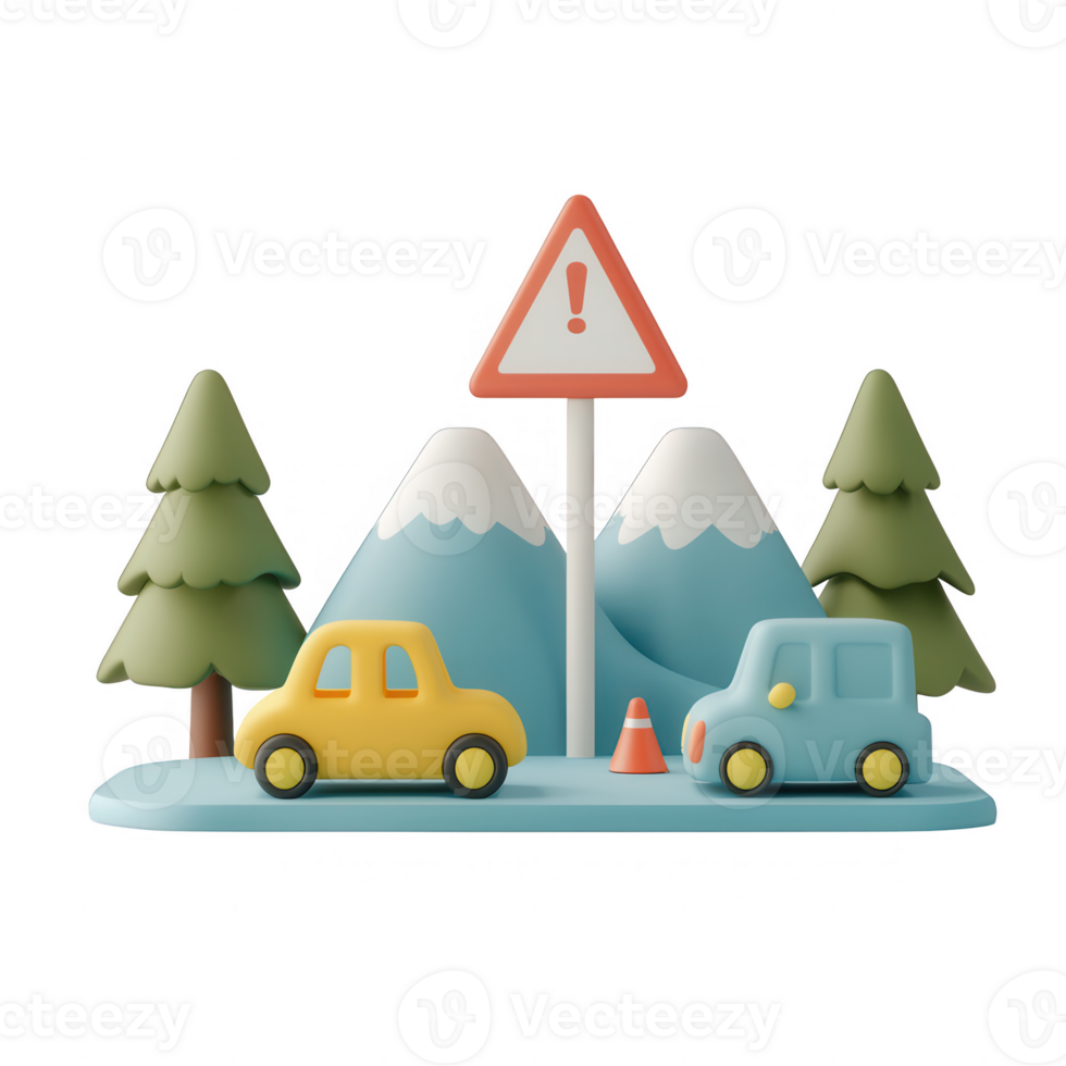 Colorful miniature cars and trees near a caution sign in a playful landscape. png