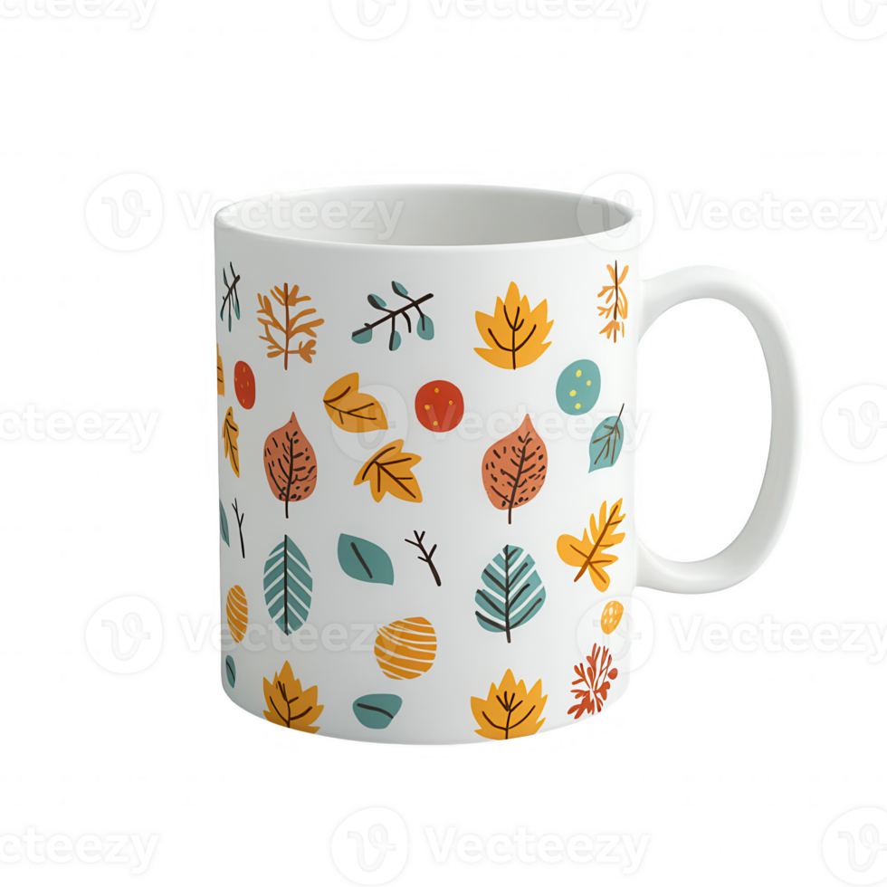 Colorful mug featuring autumn leaves and fruits design, perfect for cozy beverages. png