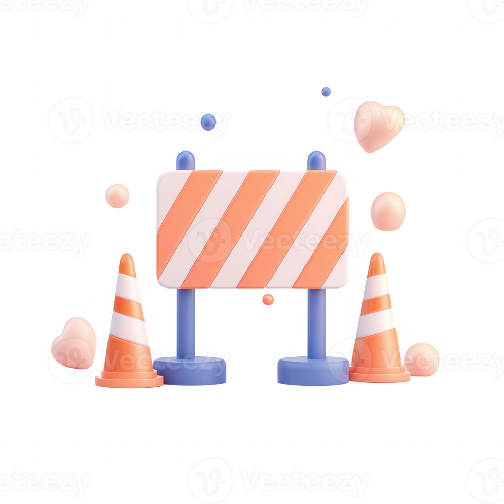 Colorful traffic cones and a warning sign indicating construction ahead. png