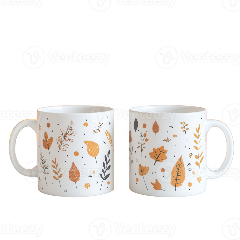 Stylish ceramic mugs adorned with autumn leaf patterns for cozy beverage enjoyment. png