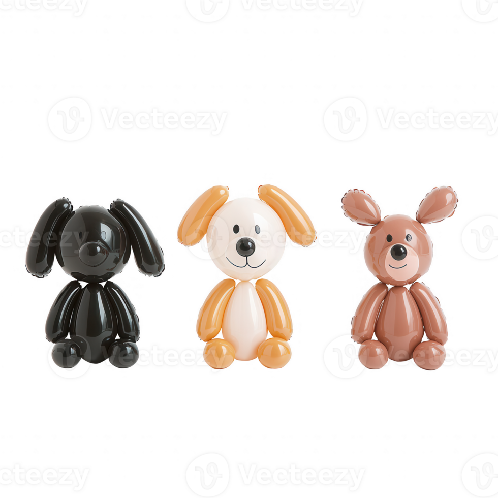 Three adorable balloon animals in various colors, perfect for children's parties. png
