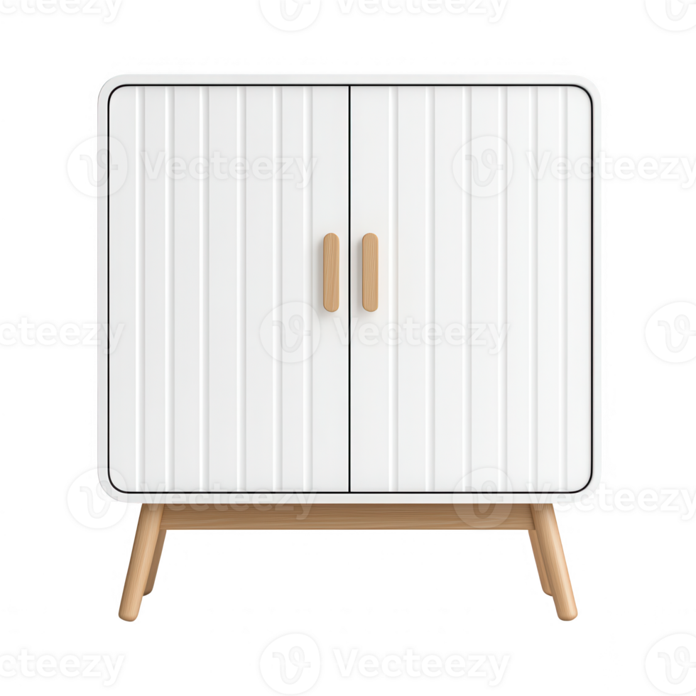 Modern white cabinet with wooden legs, perfect for minimalist interiors. png