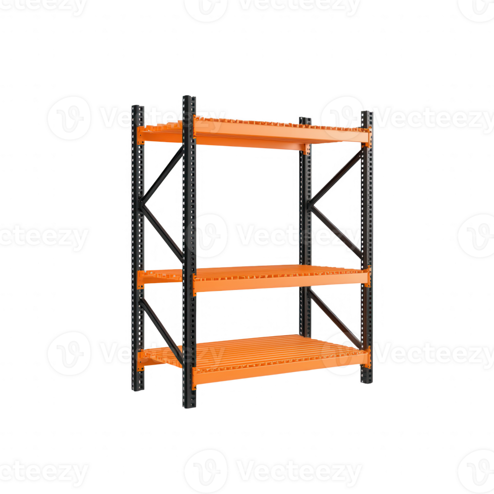 Sturdy metal shelving unit with orange shelves for organized storage and display. png