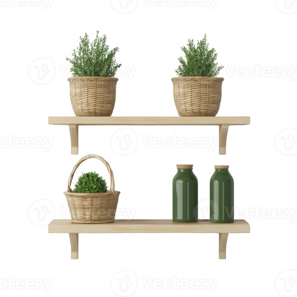 Stylish shelves adorned with potted plants and decorative bottles for home decor. png