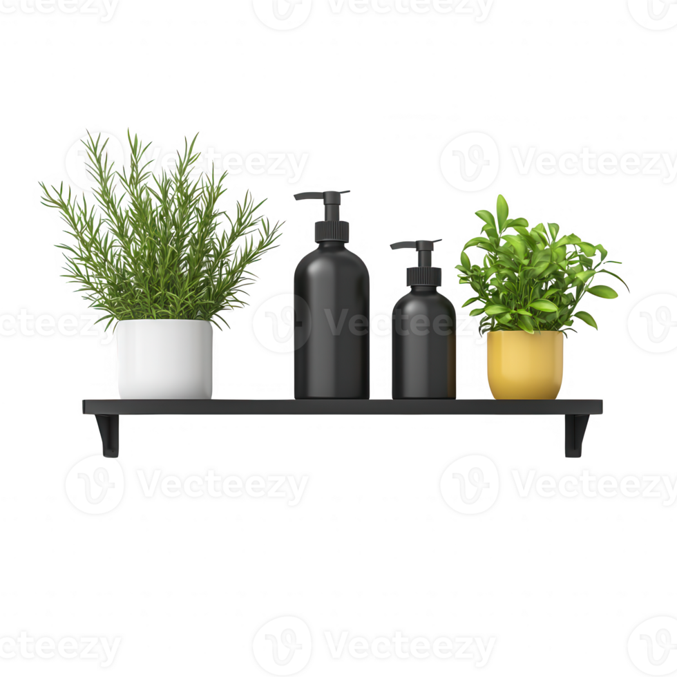 Stylish shelf with black bottles and green plants for modern decor. png