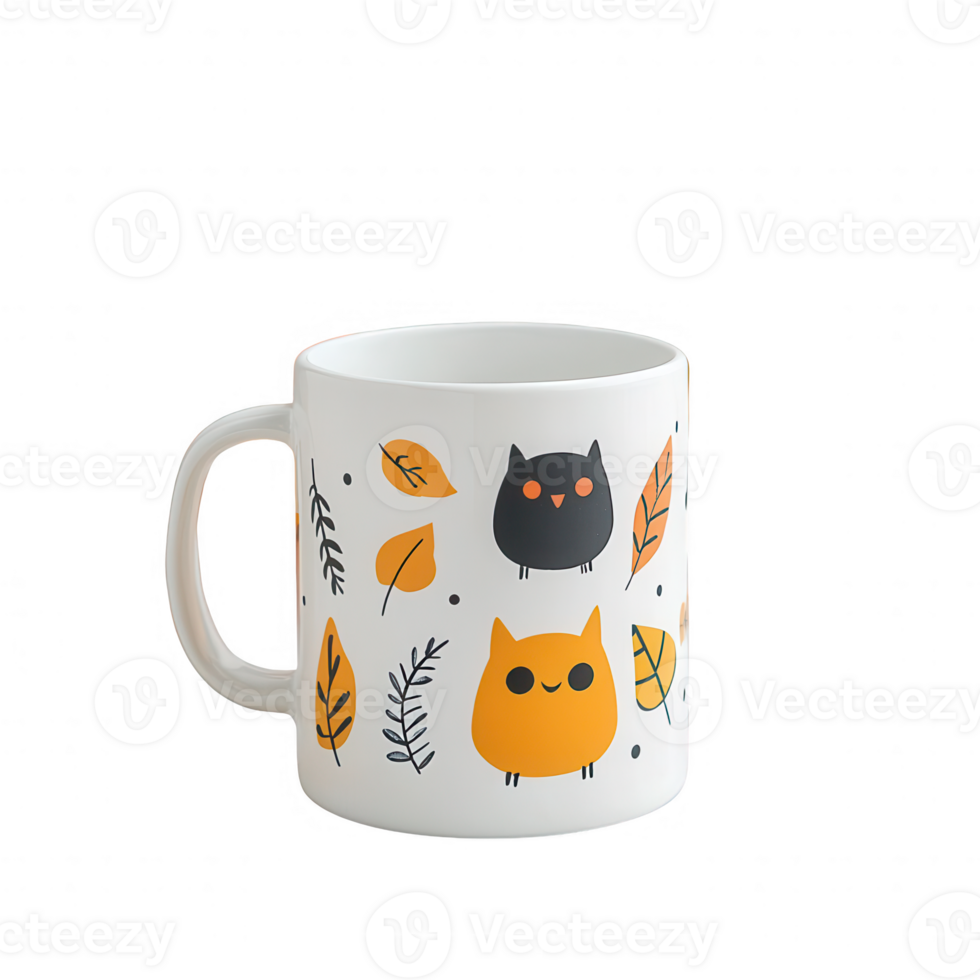 Whimsical mug design featuring cute owls and autumn leaves in vibrant colors. png