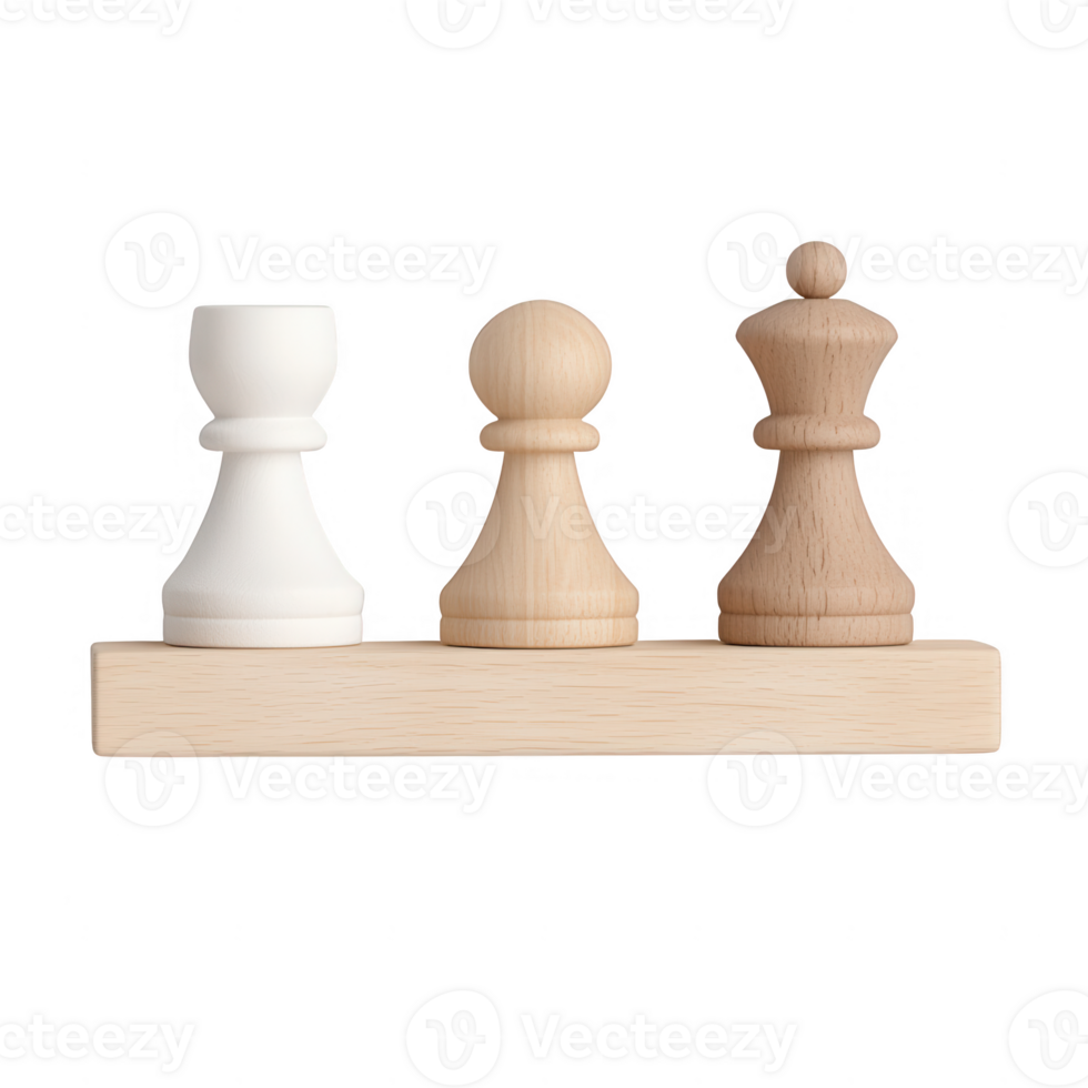 Three wooden chess pieces arranged neatly on a wooden base for a strategic game. png