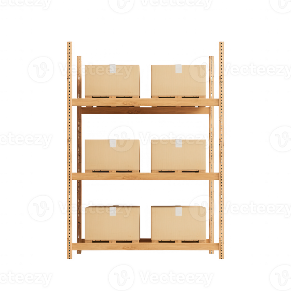 Wooden shelving unit displaying stacked cardboard boxes for storage. png