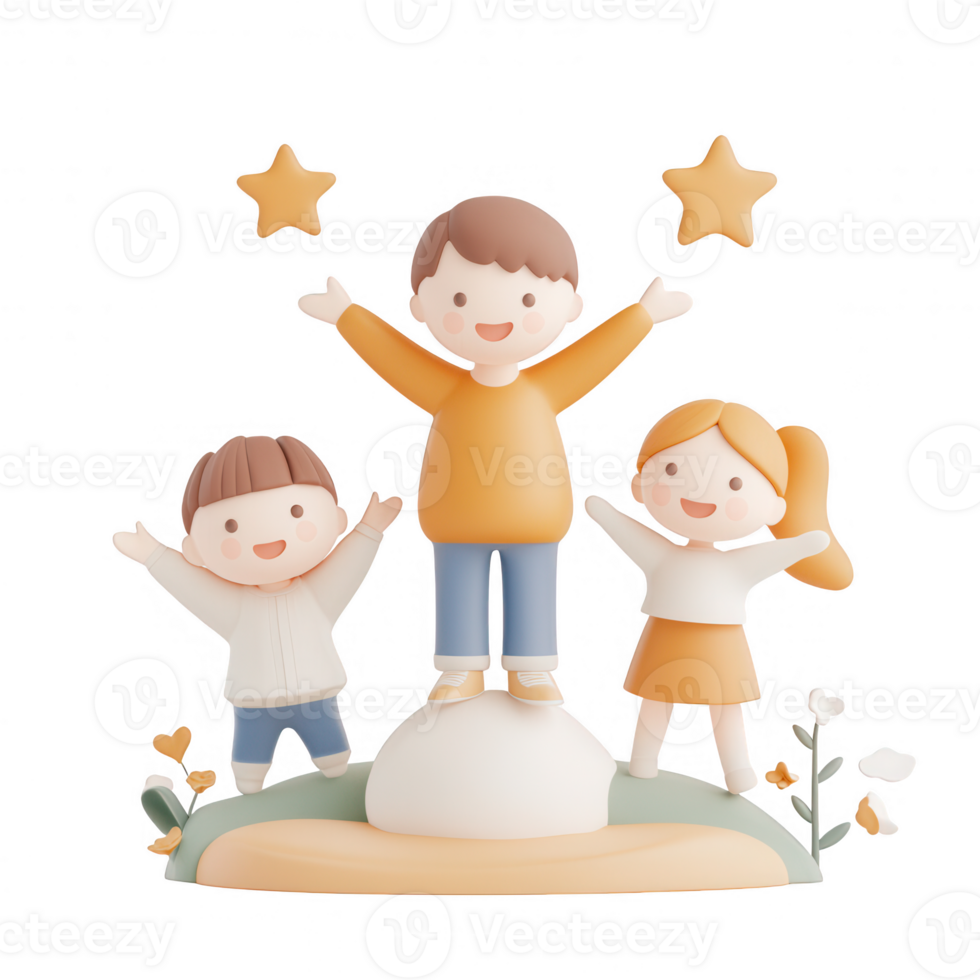 Three cheerful children celebrating together in a playful and colorful scene. png