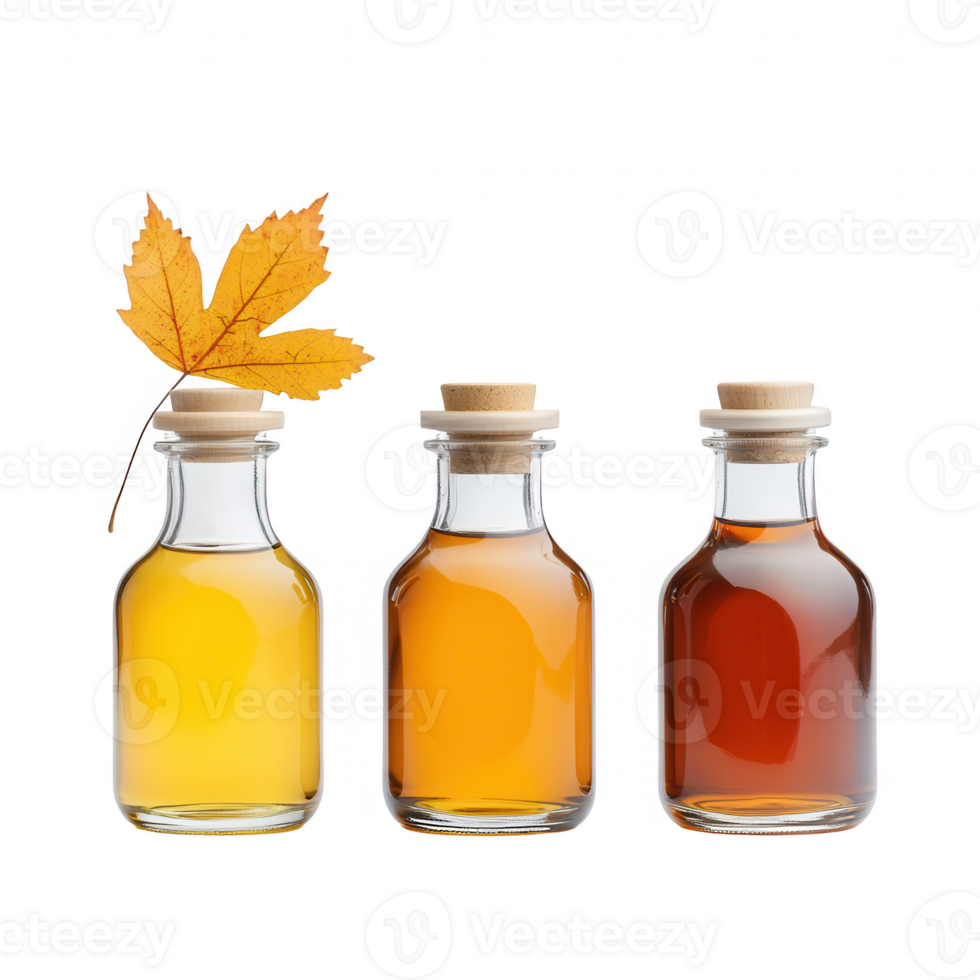 Three colorful glass bottles containing different types of syrup with a leaf. png