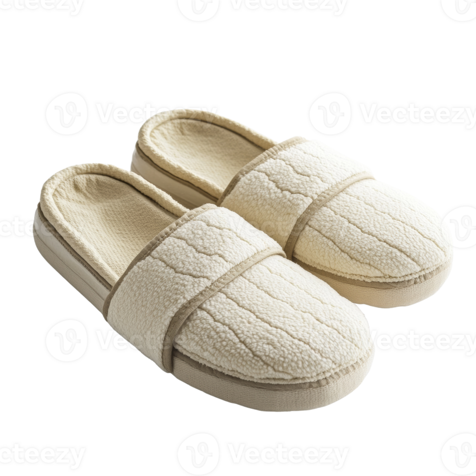 A pair of cozy beige fleece slippers for relaxation png
