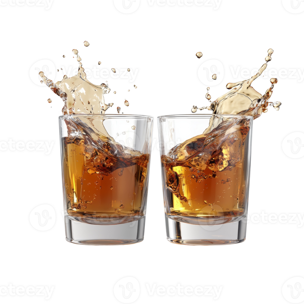 Two Glasses of Whiskey with Splashing Liquid. isolated transparent background png