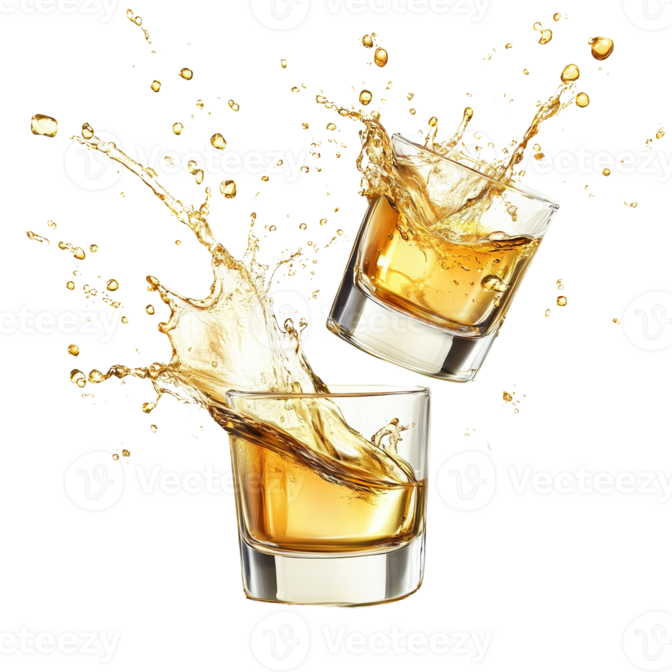 Two Glasses of Amber Liquid Splashing Dynamically png
