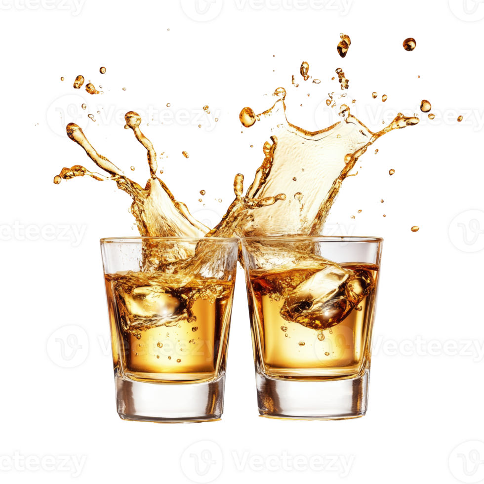 Two Glasses of Whiskey with Splashing Liquid. on transparent background png