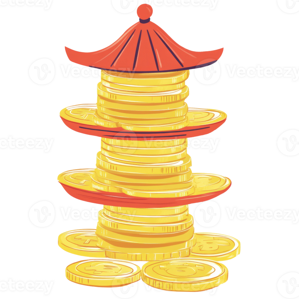 Golden Coins Stacked Under Red Pagoda Style Roof png
