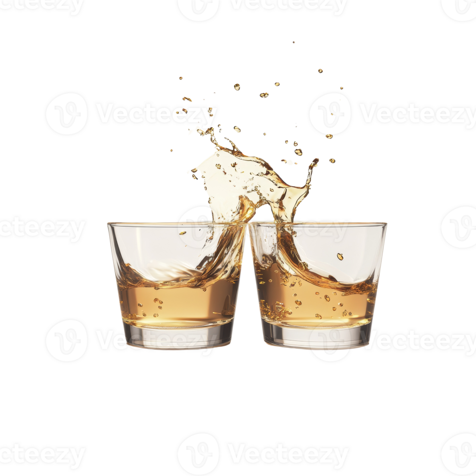 Golden liquid splashing between two glasses png