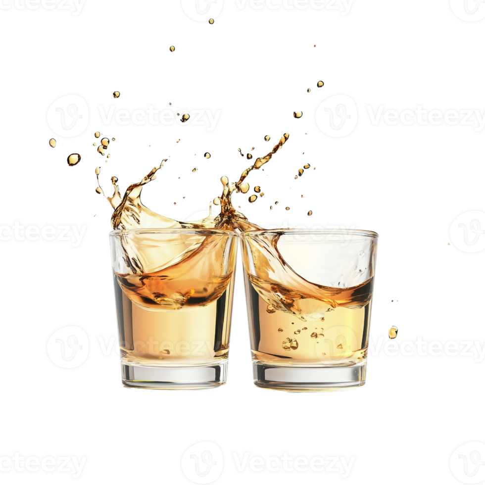 Two Glasses of Golden Liquid Splashing Together. isolated png