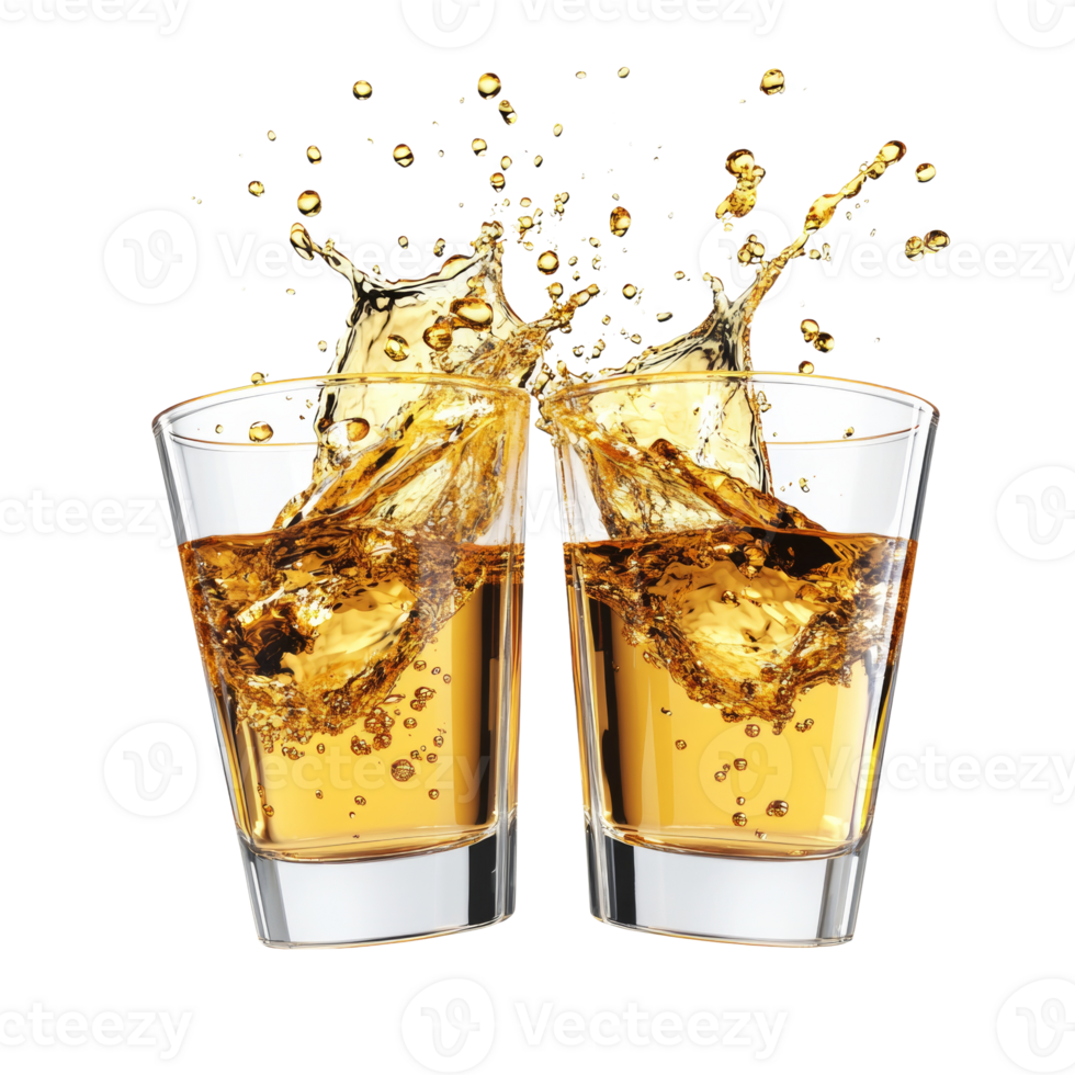 Two Glasses Of Golden Liquid Splashing Together. cut out png