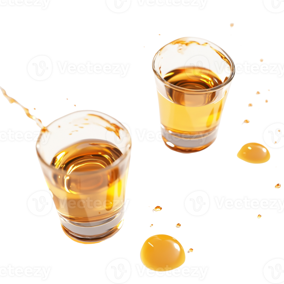 Two Shots of Amber Liquid Splashing Dynamically png