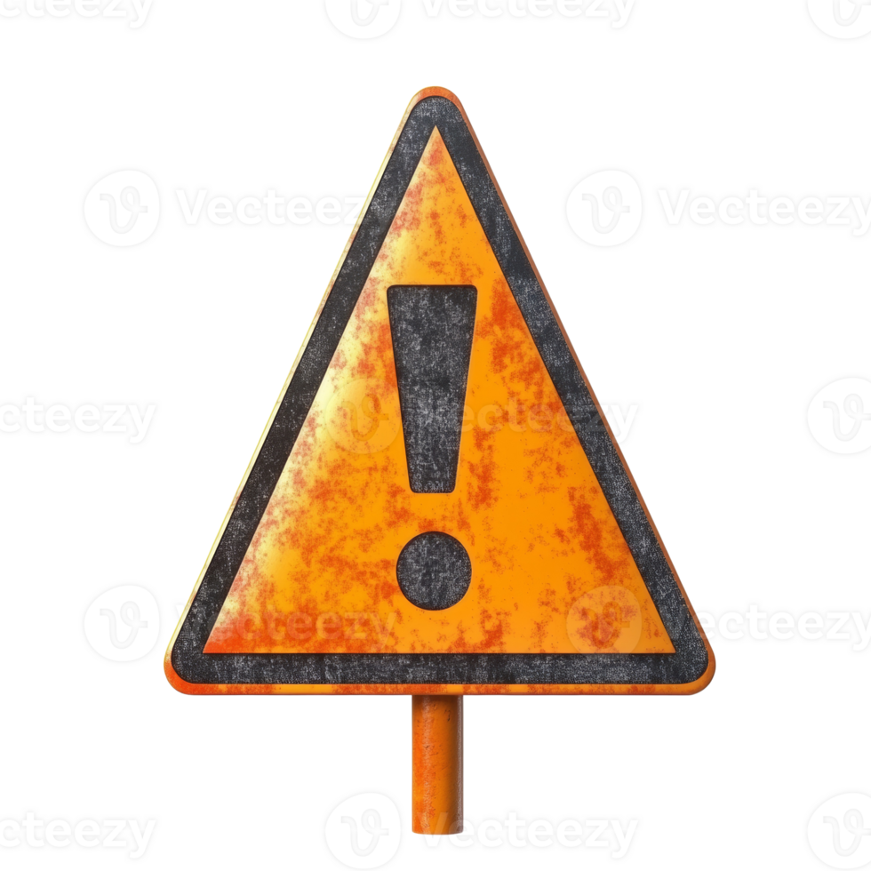 Rusty triangular warning sign with exclamation mark. isolated png