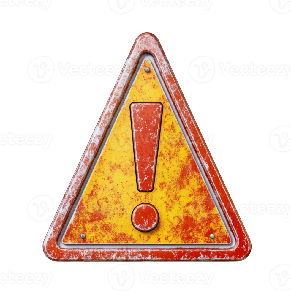 Rusty triangular warning sign with exclamation mark. cut out png