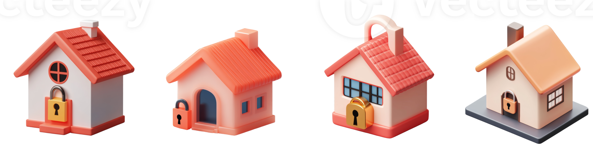 Four small houses each secured with a padlock png