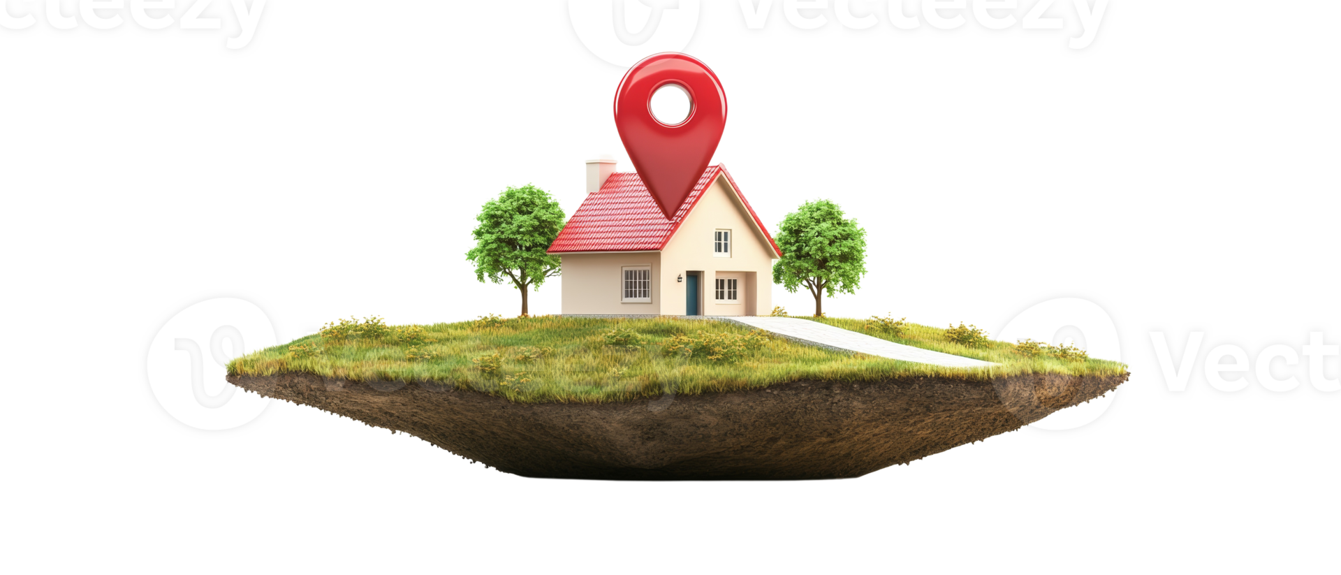 A Red Location Pin Marks a House on a Floating Island png