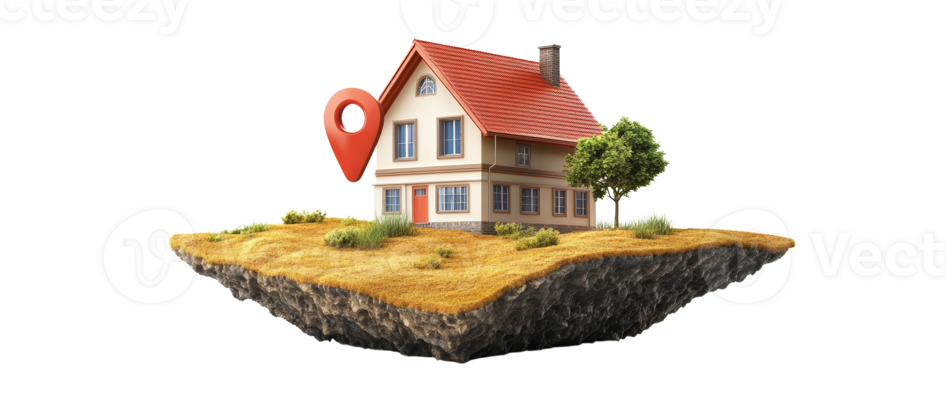 House on a Floating Island with Location Marker. isolated png