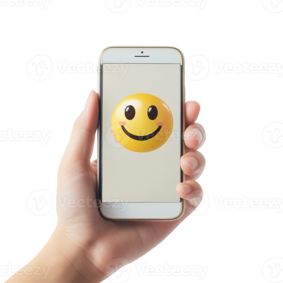 A hand holds a smartphone displaying a smiling emoticon. isolated png