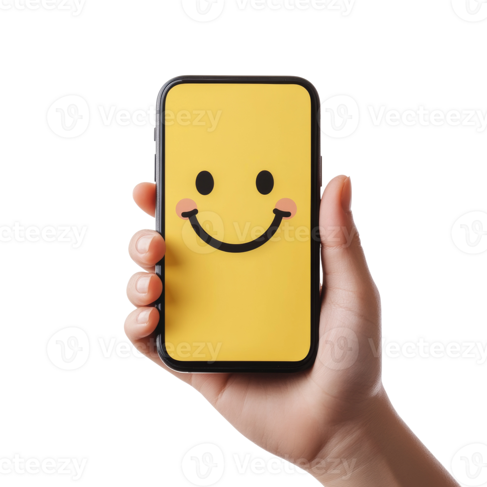 A hand holds a smartphone displaying a smiling emoticon. cut out png