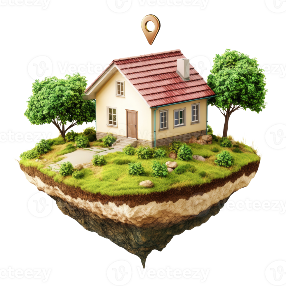 A charming house sits atop a floating island of land png