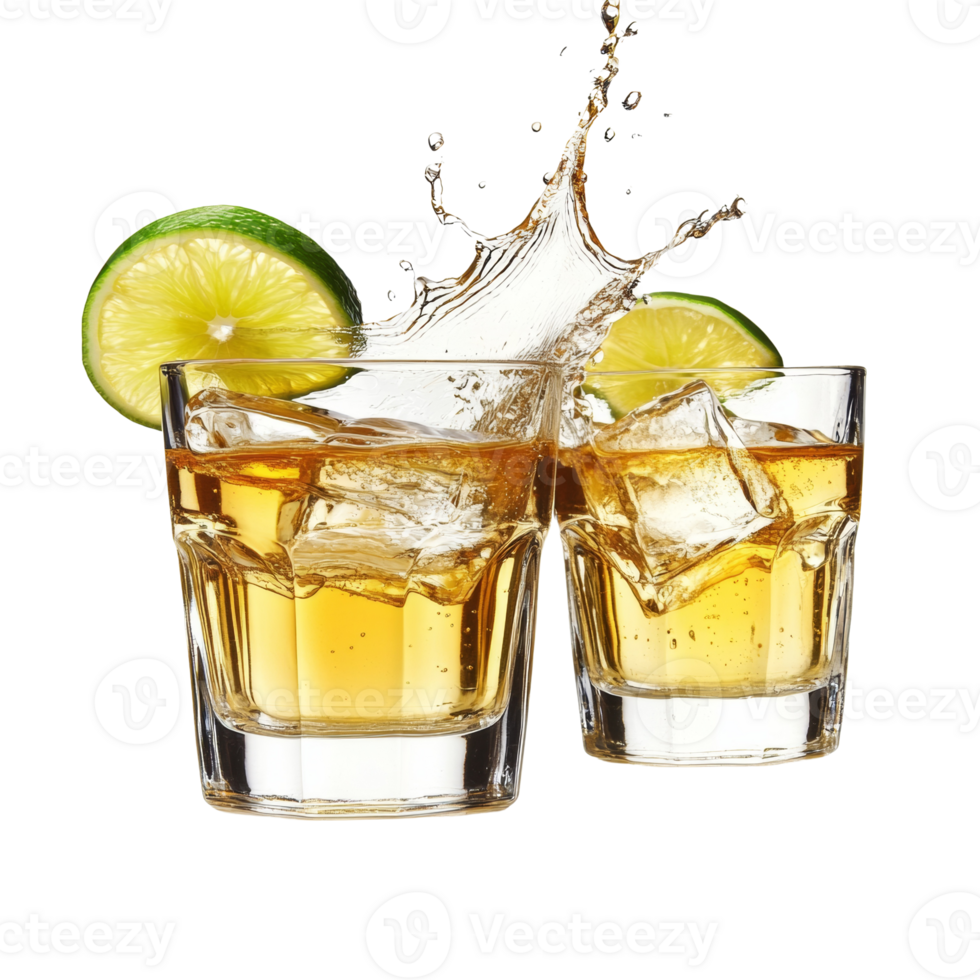 Two Glasses of Golden Alcoholic Beverage with Lime png