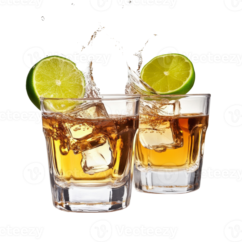 Two Glasses of Golden Liquid with Lime Wedges and Ice png